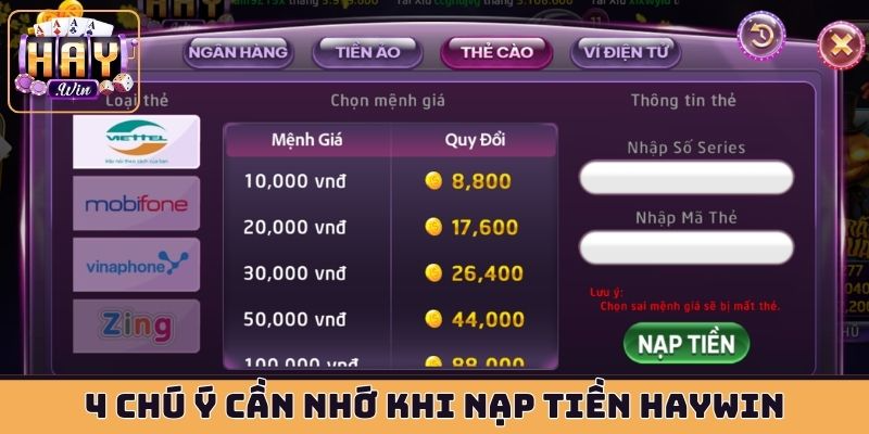 4 chú ý cần nhớ khi nạp tiền HAYWIN